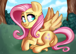 Size: 4223x3014 | Tagged: safe, artist:annakitsun3, fluttershy, pegasus, pony, g4, chest fluff, cute, ear fluff, female, grass, high res, looking at you, looking sideways, mare, prone, shyabetes, smiling, solo, spread wings, tree, wings