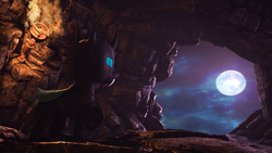 Size: 2880x1620 | Tagged: safe, artist:apexpredator923, changeling, 3d, cavern, moon, night, solo