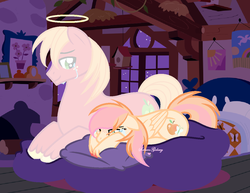 Size: 1024x791 | Tagged: safe, artist:xxsakuragalaxyxx, big macintosh, oc, oc:appleshy, ghost, pegasus, pony, g4, base used, crying, father and daughter, female, fluttershy's cottage, halo, male, mare, offspring, parent:big macintosh, parent:fluttershy, parents:fluttermac, unshorn fetlocks