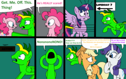 Size: 978x610 | Tagged: safe, artist:didgereethebrony, applejack, pinkie pie, rarity, twilight sparkle, oc, oc:didgeree, alicorn, pony, comic:wreck of the renaissance, g4, electrical failure, power outage, twilight sparkle (alicorn)