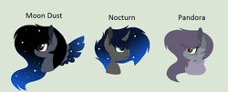 Size: 812x327 | Tagged: safe, artist:roseloverofpastels, oc, oc only, oc:moon dust, oc:nocturn, oc:pandora, hybrid, pegasus, pony, unicorn, bust, interspecies offspring, offspring, parent:discord, parent:king sombra, parent:princess luna, parents:lumbra, parents:lunacord, portrait, simple background