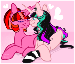 Size: 594x508 | Tagged: safe, artist:jadeyhooves, oc, oc only, oc:blossom scent, oc:clarice lumina, pony, unicorn, blushing, boop, clothes, duo, female, lesbian, mare, noseboop, prone, socks, striped socks