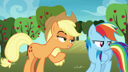 Size: 1920x1080 | Tagged: safe, screencap, applejack, rainbow dash, pony, g4, grannies gone wild, apple tree, duo, tree