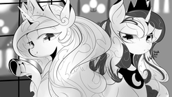 Size: 1920x1080 | Tagged: safe, artist:tohupo, princess celestia, princess luna, alicorn, pony, g4, crown, female, jewelry, looking at you, monochrome, regalia, royal sisters