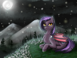 Size: 1200x900 | Tagged: safe, artist:evlass, oc, oc only, oc:dawn sentry, bat pony, bat pony oc, commission, forest, moon, mountain, night, prone, unshorn fetlocks, ych result