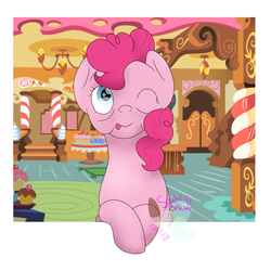 Size: 1024x1024 | Tagged: safe, artist:subtlebrush, pinkie pie, earth pony, pony, g4, elderly, female, older, older pinkie pie, one eye closed, solo, tongue out, wink