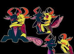Size: 4590x3355 | Tagged: dead source, safe, artist:declowffee, pharynx, thorax, changedling, changeling, g4, black background, blushing, brother, brotherhood, brothers, bugcest, changedling brothers, cute, eyes closed, gay, hug, incest, king thorax, male, pharybetes, prince pharynx, shipping, siblings, simple background, sitting, smiling, spread wings, thorabetes, thorynx, wings