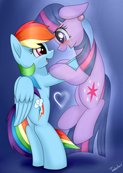 Size: 2480x3507 | Tagged: safe, alternate version, artist:twidasher, rainbow dash, twilight sparkle, ghost, ghost pony, pegasus, pony, unicorn, g4, blue feather, blushing, crying, duo, female, heart, high res, lesbian, looking at each other, mare, sad, ship:twidash, shipping, signature, tears of joy, unicorn twilight