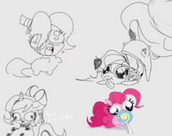 Size: 611x484 | Tagged: dead source, safe, artist:hattsy, pinkie pie, oc, oc:hattsy, oc:lilith, oc:marshmallow, earth pony, pony, unicorn, g4, candy, chibi, dialogue, eating, explicit source, faic, food, hat, heart, lollipop, on back, partial color, sitting, tail wrap, tongue out, top hat
