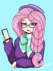 Size: 2736x3648 | Tagged: safe, artist:morestar, fluttershy, human, fake it 'til you make it, g4, cellphone, female, glasses, hat, high res, hipstershy, humanized, phone, solo