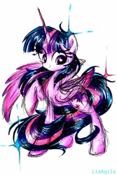 Size: 1959x2938 | Tagged: safe, artist:liaaqila, twilight sparkle, alicorn, pony, g4, female, mare, raised hoof, simple background, smiling, solo, traditional art, twilight sparkle (alicorn), white background