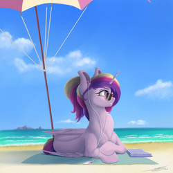 Size: 3000x3000 | Tagged: safe, artist:skitsroom, princess cadance, alicorn, pony, g4, alternate hairstyle, beach, book, earbuds, female, high res, mare, mp3 player, relaxing, sky, smiling, solo, sunglasses, umbrella