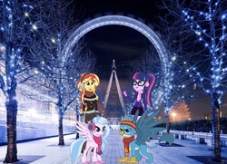 Size: 2048x1483 | Tagged: safe, artist:invisibleink, artist:lifes-remedy, editor:php77, gallus, sci-twi, silverstream, sunset shimmer, twilight sparkle, classical hippogriff, griffon, hippogriff, equestria girls, g4, school daze, england, london, london eye, united kingdom, wallpaper, winter
