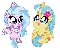 Size: 692x572 | Tagged: safe, artist:kellythedrawinguni, princess skystar, silverstream, classical hippogriff, hippogriff, g4, my little pony: the movie, school daze, cousins, cropped, cute, diastreamies, duo, female, horsebirb, simple background, skyabetes, white background