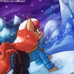 Size: 750x750 | Tagged: safe, artist:lumineko, earth pony, pony, butt, celeste, clothes, crossover, madeline, mountain, night, plot, ponified, smiling, snow, solo, video game