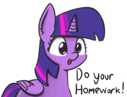 Size: 734x557 | Tagged: safe, anonymous artist, artist:artiks, twilight sparkle, alicorn, pony, g4, bookhorse, collaboration, cute, dialogue, female, good advice, homework, pure unfiltered evil, simple background, solo, that pony sure does love books, twilight sparkle (alicorn), white background