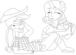 Size: 847x614 | Tagged: safe, artist:sabri2000, applejack, rarity, human, g4, 1000 hours in ms paint, barefoot, belt, boots, bracelet, clothes, collaboration, ear piercing, earring, eyes closed, feet, female, fetish, foot fetish, humanized, jackabetes, jeans, jewelry, laughing, lesbian, lineart, monochrome, necklace, open mouth, pants, piercing, raribetes, ship:rarijack, shipping, shoes, simple background, tickling, white background