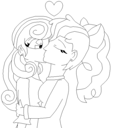 Size: 522x584 | Tagged: safe, artist:sabri2000, princess flurry heart, pumpkin cake, human, g4, bow, collaboration, ear piercing, earring, eyes closed, female, heart, hug, humanized, jewelry, kissing, lesbian, lineart, monochrome, older, older flurry heart, older pumpkin cake, piercing, ship:pumpkin heart, shipping, simple background, surprise kiss, white background