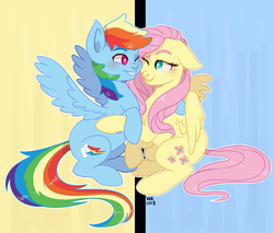 Size: 3223x2748 | Tagged: safe, artist:roscoethepotatoman, fluttershy, rainbow dash, pegasus, pony, fame and misfortune, g4, blushing, duo, eye contact, female, flawless, high res, holding hooves, looking at each other, mare, one eye closed, sitting, smiling, spread wings, squishy cheeks, wings