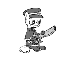 Size: 640x600 | Tagged: safe, artist:ficficponyfic, oc, oc only, oc:lucian, cyoa:the wizard of logic tower, arrow, black and white, bone, boots, button, cross stitch, cyoa, emblem, fangs, grayscale, grim expression, hat, leather, monochrome, shoes, story included, sword, tooth, weapon