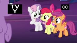 Size: 1920x1080 | Tagged: safe, screencap, apple bloom, scootaloo, sweetie belle, twilight sparkle, alicorn, pony, g4, surf and/or turf, booty call, cutie mark crusaders, discovery family logo, glowing cutie mark, twilight sparkle (alicorn)