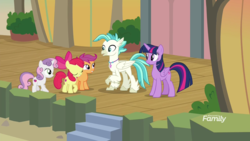 Size: 1920x1080 | Tagged: safe, screencap, apple bloom, scootaloo, sweetie belle, terramar, twilight sparkle, alicorn, classical hippogriff, earth pony, hippogriff, pony, unicorn, g4, surf and/or turf, cutie mark crusaders, discovery family logo, eyes closed, female, filly, foal, male, mare, mount aris, twilight sparkle (alicorn)