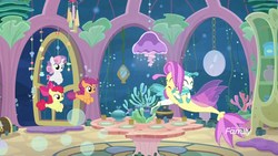 Size: 1920x1080 | Tagged: safe, screencap, apple bloom, ocean flow, scootaloo, sweetie belle, terramar, earth pony, pegasus, pony, seapony (g4), unicorn, g4, surf and/or turf, bubble, coral, cutie mark crusaders, discovery family logo, dishes, dorsal fin, eyes closed, female, fin, fin wings, fins, fish tail, flowing mane, flowing tail, horn, hug, male, mother and son, ribbon, sea-mcs, seaponified, seapony apple bloom, seapony scootaloo, seapony sweetie belle, seaquestria, seaweed, species swap, table, tail, treasure chest, underwater, wings