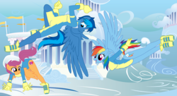 Size: 11000x6000 | Tagged: safe, artist:evilfrenzy, rainbow dash, scootaloo, oc, pegasus, anthro, g4, absurd resolution, clothes, cloudsdale, flying, leotard, long sleeves, uniform, wonderbolt leotard, wonderbolts, wonderbolts uniform