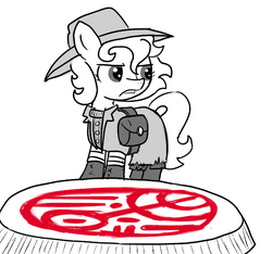 Size: 640x600 | Tagged: safe, artist:ficficponyfic, oc, oc only, oc:lockepicke, earth pony, pony, cyoa:the wizard of logic tower, angry, angry face, bag, boots, buckle, clothes, coat, cyoa, female, har, leather, leather belt, leg wraps, magic, magic circle, mare, shoes, story included, summoning circle, sweater