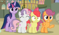 Size: 871x517 | Tagged: safe, screencap, apple bloom, scootaloo, sweetie belle, twilight sparkle, alicorn, pony, g4, surf and/or turf, :i, cutie mark crusaders, twilight sparkle (alicorn), varying degrees of want