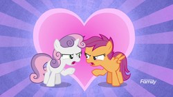 Size: 1920x1080 | Tagged: safe, screencap, scootaloo, sweetie belle, pegasus, pony, unicorn, g4, surf and/or turf, angry, argument, discovery family logo, duo, female, filly, heart, heart background, out of context, raised hoof, shipping fuel, your heart is in two places