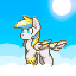Size: 256x256 | Tagged: safe, artist:n_thing, oc, oc only, oc:cirrus sky, hippogriff, animated, cloud, pixel art, sun, tail feathers, talons, trotting, walk cycle, walking, wings