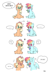 Size: 1406x2067 | Tagged: safe, artist:dusty-munji, applejack, rainbow dash, earth pony, pony, g4, cute, female, lesbian, mare, ship:appledash, shipping