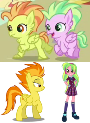 Size: 489x664 | Tagged: safe, screencap, lemon zest, papaya bay, poppy seagrass, spitfire, classical hippogriff, hippogriff, pegasus, pony, equestria girls, g4, surf and/or turf, background character, children, comparison, female, fledgeling, hmm, male, mare, raised hoof, similarities