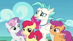 Size: 1920x1080 | Tagged: safe, screencap, apple bloom, scootaloo, sweetie belle, terramar, g4, surf and/or turf, cutie mark crusaders, discovery family logo