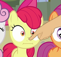 Size: 1159x1073 | Tagged: safe, edit, edited screencap, screencap, apple bloom, earth pony, pony, g4, surf and/or turf, :i, bad edit, boop, boop edit, cropped, disembodied hand, finger, hand