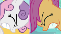 Size: 1920x1080 | Tagged: safe, screencap, scootaloo, sweetie belle, pegasus, pony, unicorn, g4, surf and/or turf, angry, discovery family logo, duo, eyes closed, female, filly, gritted teeth, pushing, straining, your heart is in two places