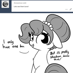 Size: 1650x1650 | Tagged: safe, artist:tjpones, oc, oc only, oc:brownie bun, earth pony, pony, horse wife, ask, canadian, chest fluff, dialogue, female, floppy ears, grayscale, mare, monochrome, oblivious, slang, smiling, solo, tumblr