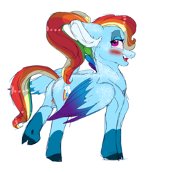 Size: 1280x1280 | Tagged: safe, artist:edgeyboiss, rainbow dash, pegasus, pony, g4, alternate design, alternate hairstyle, backwards cutie mark, blushing, colored wings, colored wingtips, female, mare, simple background, smiling, solo, transparent background
