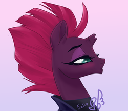 Size: 1272x1100 | Tagged: safe, artist:candasaurus, tempest shadow, pony, unicorn, g4, my little pony: the movie, beautiful, broken horn, bust, cute, female, gradient background, horn, mare, portrait, profile, signature, solo, tempestbetes
