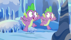 Size: 1280x720 | Tagged: safe, screencap, spike, thorax, dragon, g4, season 6, the times they are a changeling, cave, cavern, crystal, disguise, disguised changeling, duo, imitation, smiling, snow, tongue out, twins