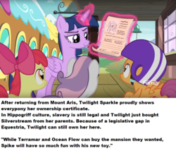 Size: 1088x933 | Tagged: safe, edit, edited screencap, screencap, apple bloom, scootaloo, sweetie belle, twilight sparkle, alicorn, earth pony, pegasus, pony, unicorn, g4, surf and/or turf, bow, caption, cutie mark crusaders, hair bow, out of context, ponestrip, slavery, train station, twilight sparkle (alicorn)