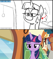 Size: 1920x2160 | Tagged: safe, screencap, twilight sparkle, alicorn, pony, g4, surf and/or turf, animatic, comparison, discovery family logo, lidded eyes, smiling, twilight sparkle (alicorn)