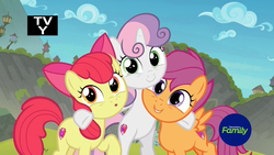 Size: 1920x1080 | Tagged: safe, screencap, apple bloom, scootaloo, sweetie belle, earth pony, pegasus, pony, unicorn, g4, surf and/or turf, :o, adorabloom, bipedal, bipedal leaning, cute, cutealoo, cutie mark crusaders, diasweetes, discovery family logo, female, filly, group hug, happy, hnnng, hug, leaning, looking at you, mount aris, open mouth, raised hoof, smiling, trio, trio female, wide eyes