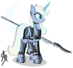 Size: 3072x2866 | Tagged: dead source, safe, artist:aleriastarlight, oc, oc only, oc:moonbow, pony, unicorn, armor, badass, clothes, collar, commission, cutie mark background, cutie mark on clothes, digital art, ear fluff, epic, female, glowing horn, high res, horn, jewelry, leg strap, leggings, magic, mare, naginata, polearm, scarf, shoes, signature, simple background, solo, spear, telekinesis, transparent background, vector, weapon, wingding eyes
