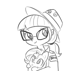 Size: 1650x1650 | Tagged: safe, artist:tjpones, sci-twi, sunset shimmer, twilight sparkle, equestria girls, g4, 20% cooler, black and white, brony, cute, female, glasses, grayscale, hat, hoofbump, looking at you, monochrome, plushie, simple background, smiling, solo, twiabetes, white background