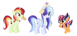Size: 1094x516 | Tagged: safe, artist:6-fingers-lover, oc, oc only, oc:fire ball, oc:smooth blue, oc:solar sparks, pegasus, pony, unicorn, base used, crown, female, filly, glasses, jewelry, magical lesbian spawn, mare, offspring, parent:rainbow dash, parent:sunset shimmer, parent:twilight sparkle, parents:sunsetdash, parents:twidash, regalia, simple background, transparent background