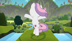 Size: 1920x1080 | Tagged: safe, screencap, sweetie belle, pony, unicorn, g4, surf and/or turf, arms wide open, bipedal, female, filly, harmonizing heights, mount aris, solo