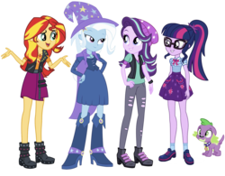 Size: 1624x1269 | Tagged: safe, editor:php77, sci-twi, spike, spike the regular dog, starlight glimmer, sunset shimmer, trixie, twilight sparkle, dog, equestria girls, equestria girls specials, g4, my little pony equestria girls: better together, my little pony equestria girls: mirror magic, beanie, cape, clothes, counterparts, fall formal outfits, geode of empathy, geode of telekinesis, glasses, hat, open mouth, simple background, transparent background, trixie's cape, trixie's hat, twilight's counterparts, vest