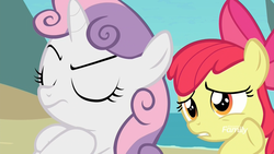 Size: 1920x1080 | Tagged: safe, screencap, apple bloom, sweetie belle, earth pony, pony, unicorn, g4, surf and/or turf, crossed hooves, discovery family logo, eyes closed, female, filly, grumpy belle, stubborn, whispering